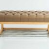 Sitzbank Chesterfield M-DEKO LPP-4 nach Maß aus Holz, mit Schuhregal und gestepptem Sitz aus hellbraunem Kunstleder