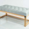Sitzbank Chesterfield M-DEKO LPP-4 nach Maß aus Holz, mit Schuhregal und gestepptem Sitz aus grauem Kunstleder