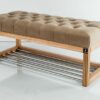 Sitzbank Chesterfield M-DEKO LPP-4 nach Maß aus Holz mit Schuhregal und gestepptem Sitz aus Cappuccino-farbigem Velours