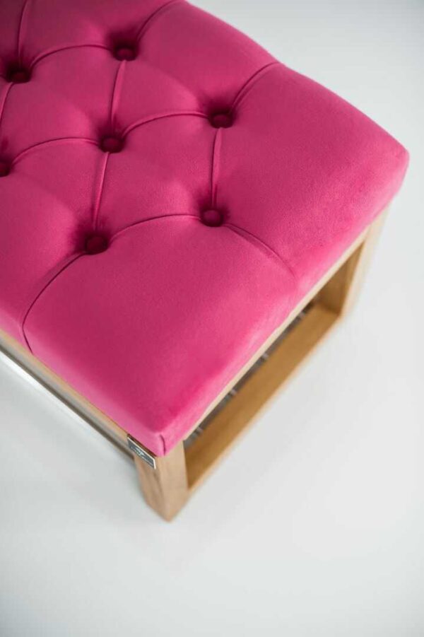 Sitzbank Chesterfield M-DEKO LPP-4 nach Maß aus Holz, mit Schuhregal und gestepptem Sitz aus pinkfarbigem Velours