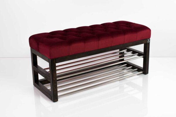 Schuhbank Chesterfield M-DEKO LPP-5 nach Maß aus Holz, mit Schuhregalen und gestepptem Sitz aus bordeaux Velvet