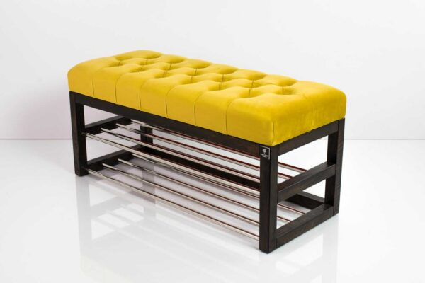 Schuhbank Chesterfield M-DEKO LPP-5 nach Maß aus Holz, mit Schuhregalen und gestepptem Sitz aus gelbem Velvet