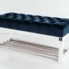 Sitzbank Chesterfield M-DEKO LPP-4 nach Maß aus Holz, mit Schuhregal und gestepptem Sitz aus dunkelblauem Velours