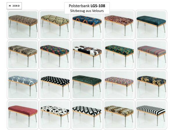 Collage Gepolsterte Sitzbänke M-DEKO LGS-108 Loft, nach Maß, Sitz aus Holz und gemustertem Velvet, Metallbeine