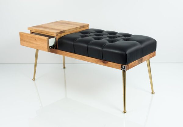 Gesteppte Sitzbank M-DEKO LPP-106 mit Schublade, Sitz aus Holz und Kunstleder, Metallbeine, nach Maß