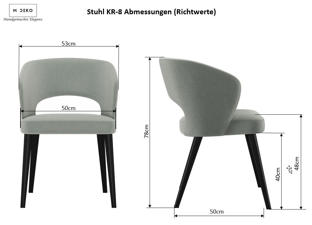 Maßzeichnung des Stuhls KR-8 von M Deko mit ungefähren Abmessungen: Breite 53 cm, Höhe 78 cm, Sitzhöhe 48 cm. Moderner gepolsterter Stuhl mit Holzbeinen – stilvolles Design für Esszimmer oder Konferenzraum.