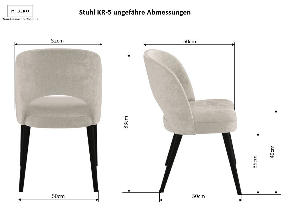 Maßzeichnung des Stuhls KR-5 von M Deko mit ungefähren Abmessungen: Breite 52 cm, Tiefe 60 cm, Höhe 83 cm, Sitzhöhe 49 cm. Moderner gepolsterter Stuhl mit Holzbeinen – stilvolles Design für Esszimmer oder Büro.