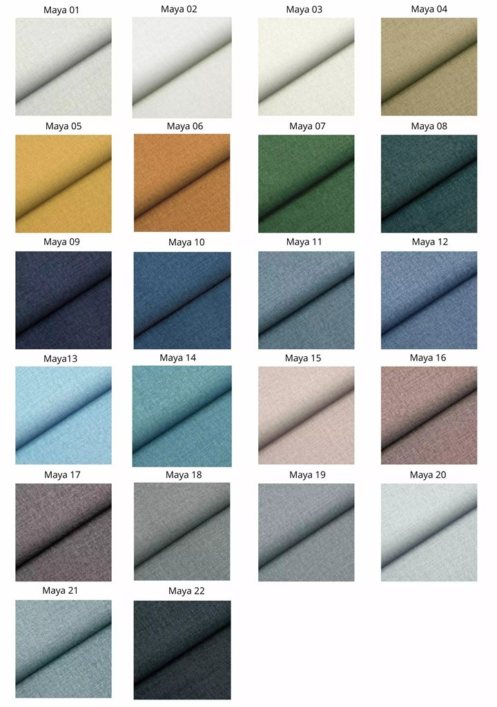 Farbpalette Maya mit 22 Stoffmustern in verschiedenen Farben, nummeriert von 1 bis 22, geordnet in einem Raster.