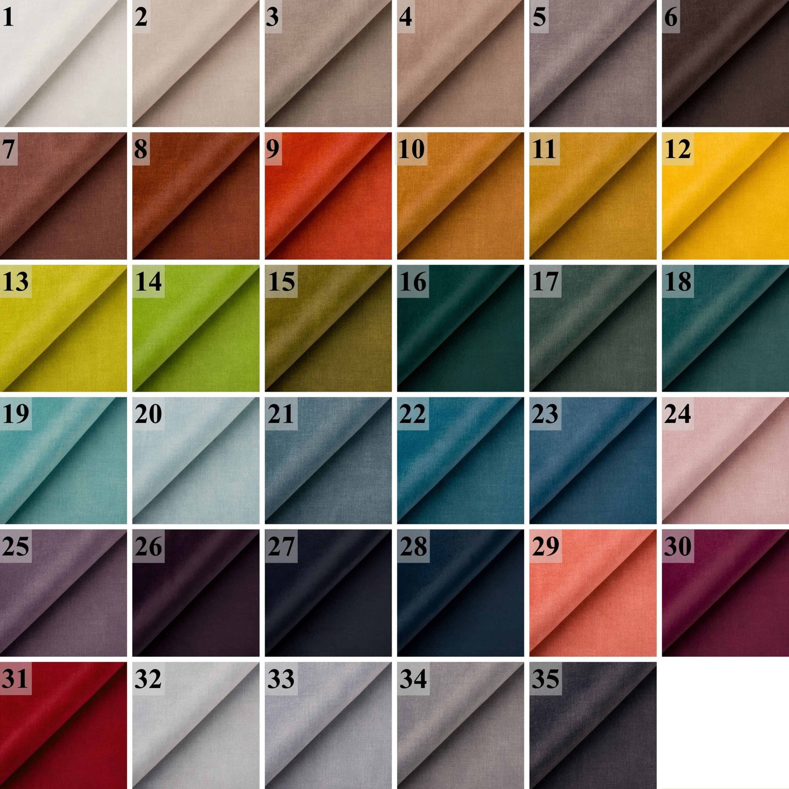 Farbpalette HoldMe mit 35 Stoffmustern in verschiedenen Farben, nummeriert von 1 bis 35, geordnet in einem Raster.