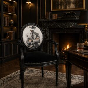 Designer Armlehnstuhl in Schwarz mit Gentleman-Motiv auf der Rückenlehne und dekorativen Ziernägeln
